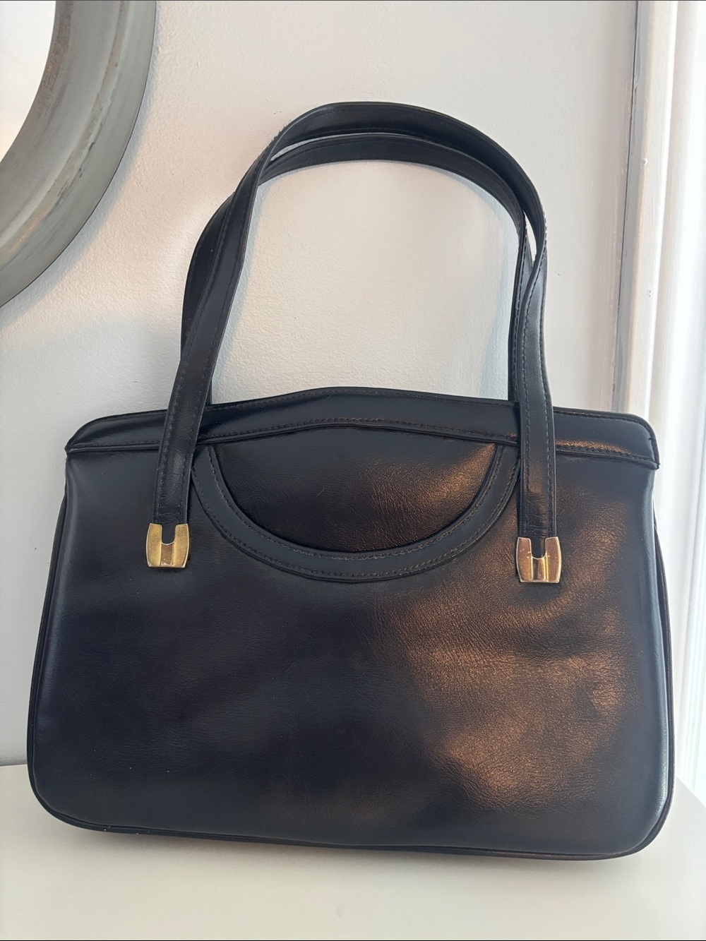 Vintage navy non-Leather  arm Bag with Gold Accents